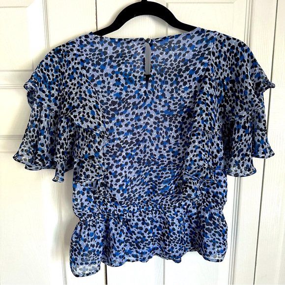 Express Leopard Animal Print Tiered Ruffle Peplum Womens Blue Top M Boho Chiffon - Picture 4 of 12